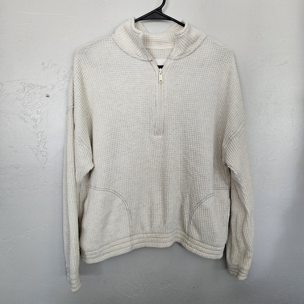 Aerie Women's Medium Cream Ivory Beige Waffle Knit Quarter Zip Sweatshirt Top